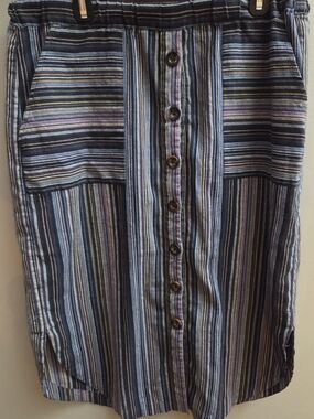 Mododoc Women's Large Button-Front Midi Skirt Blue Multi-Stripe